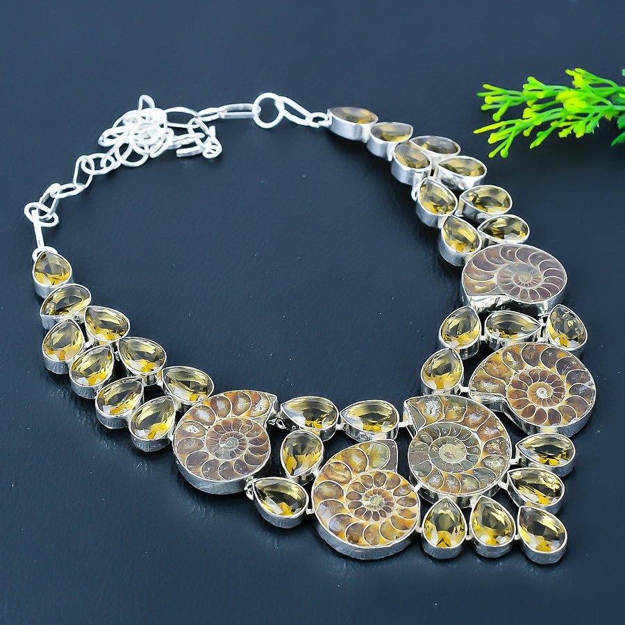 Ammonite Fossil,Olive Topaz Gemstone 925 Sterling Silver Gift Necklace 18"