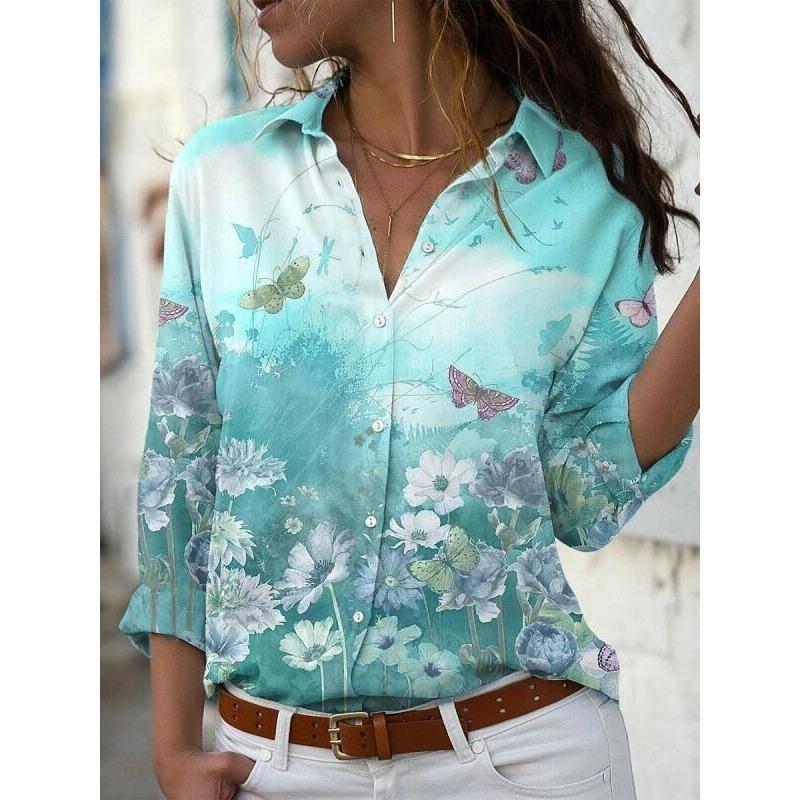 Spring and Autumn Women's Plus Size Shirt Printed Long Sleeve Lapel Shirt