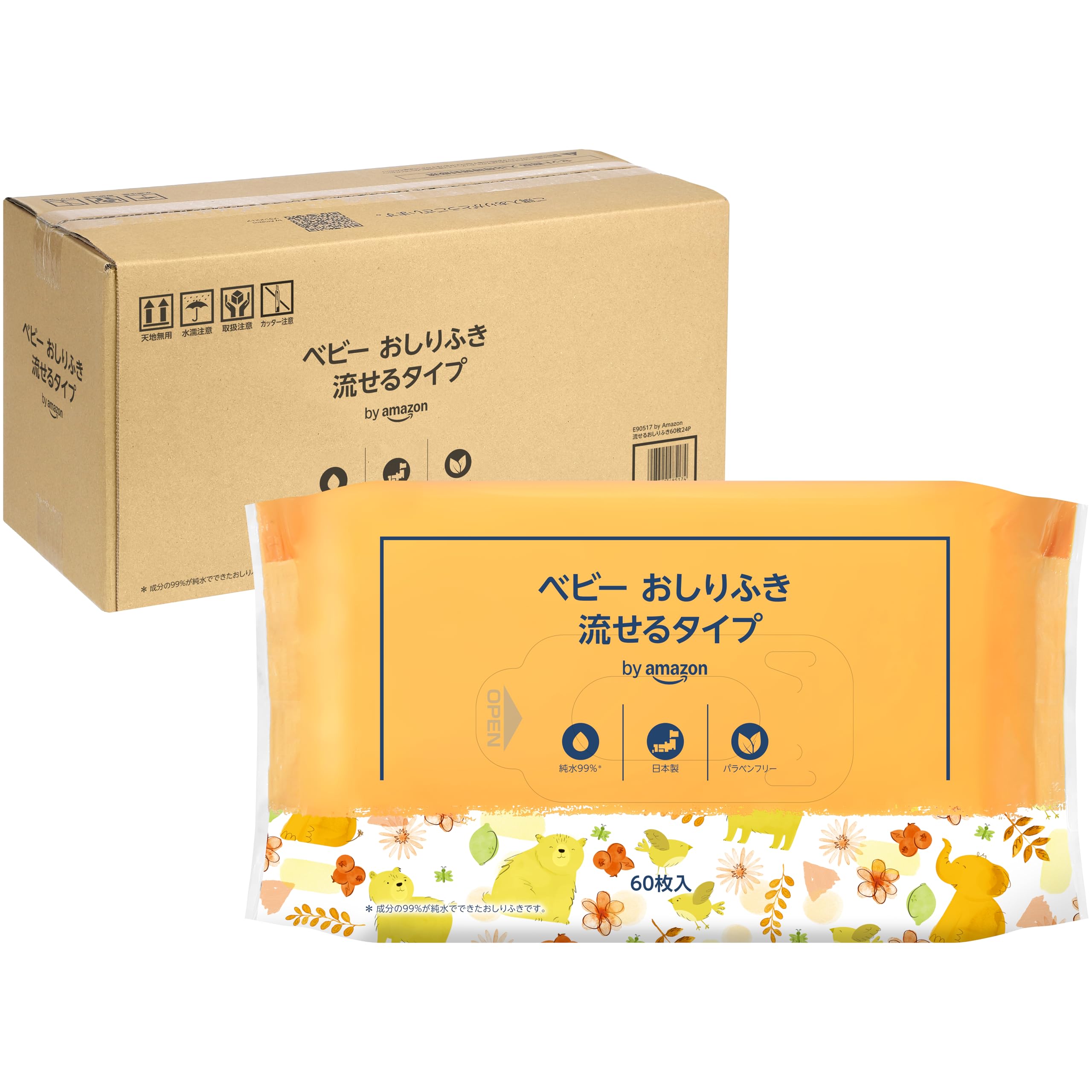 

Детские влажные салфетки Baby Pure, 60 шт. x 24 упаковки от Amazon Wipes, 99% воды, смываемые в унитаз, Япония, без парабенов, без отдушек, (1440 салфеток) [Кейс] (МамаМедведь)