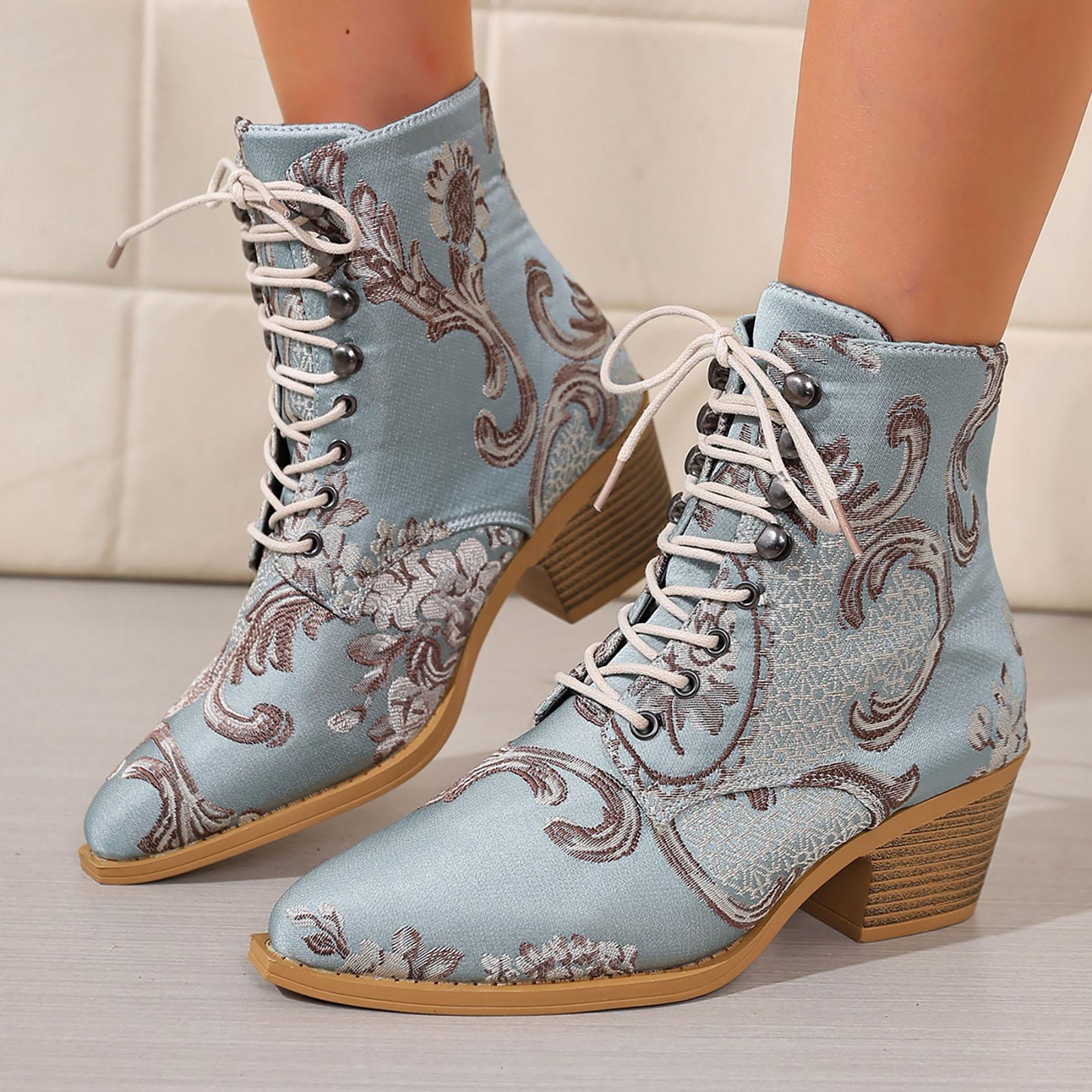 Women s Block Heel Embroidered Short Boots Front Lace Up Pointed Toe High Top Ankle Boots Boots Women Flat Heel round Size 8 36 светло-синий