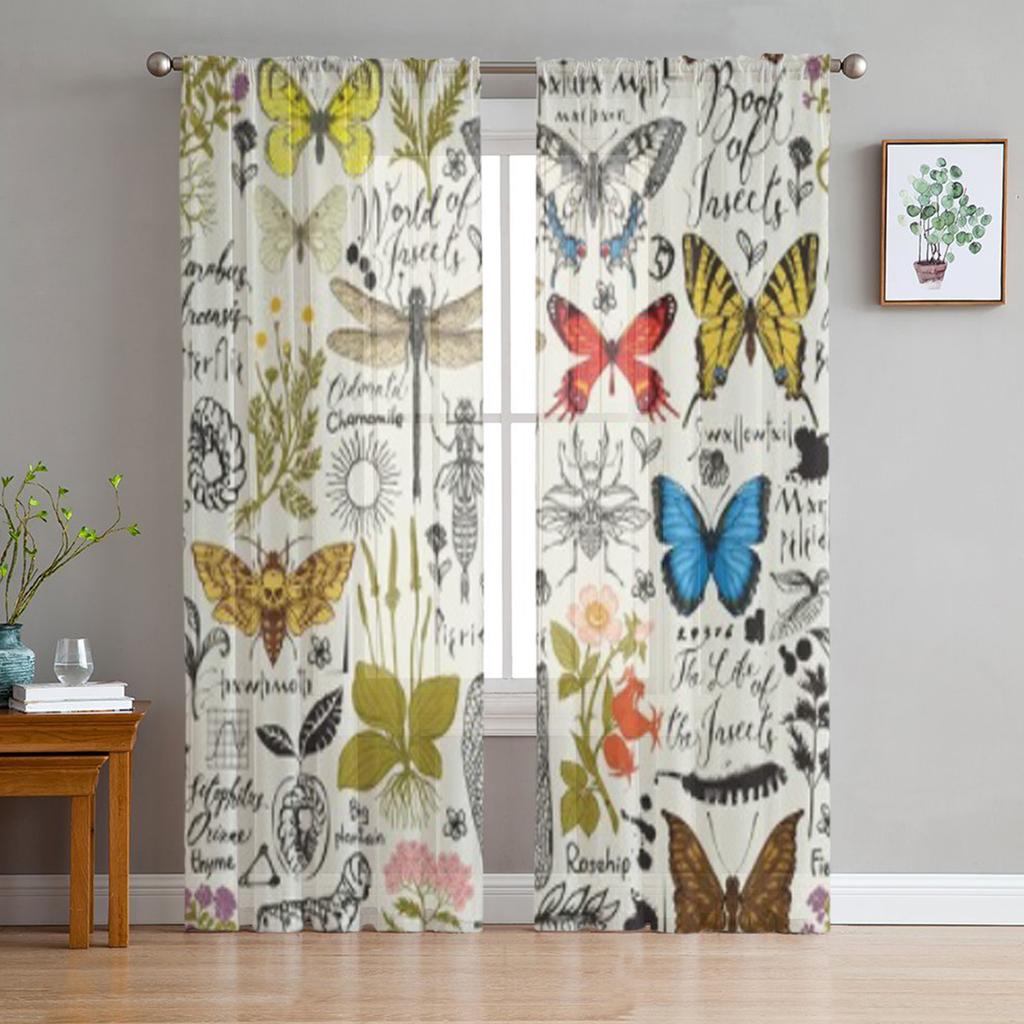 Abstract Insects Medicinal Herbs Retro Sheer Curtains for Living Room Tulle Window Curtain Bedroom Kitchen Veil Drapes