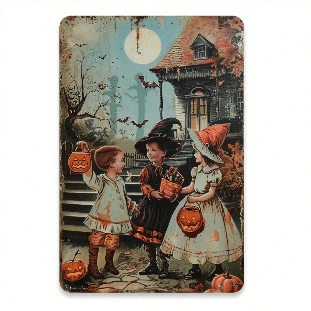 Vintage Halloween Metal Tin Sign, Witch Pumpkin Haunted House Wall Decor, Shabby Chic Iron Plaque for Home Cafe Bar