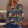 Women's Fashion Casual V-Neck Button-Up Long-Sleeve T-Shirt With Christmas Print Top