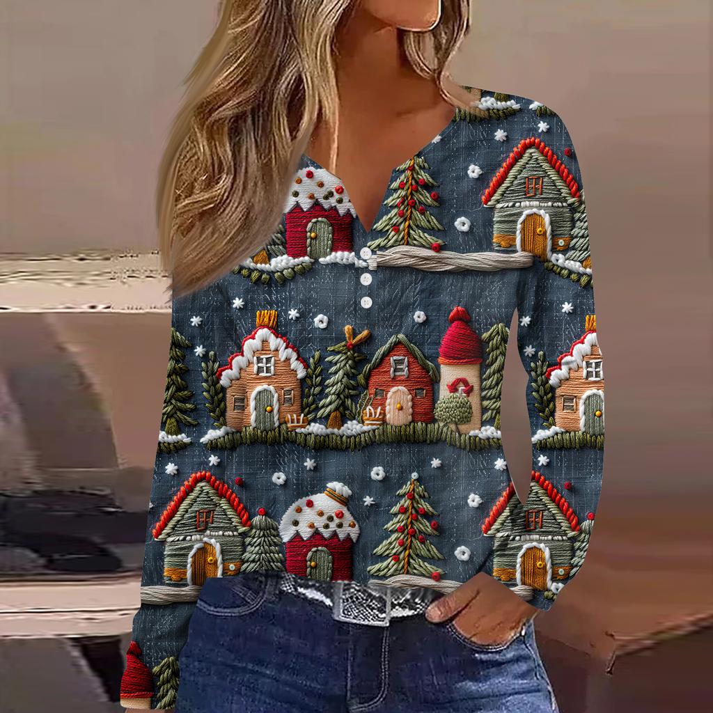 Women's Fashion Casual V-Neck Button-Up Long-Sleeve T-Shirt With Christmas Print Top