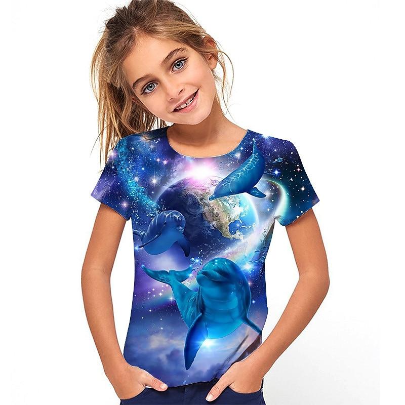 Kids Girls  T shirt Graphic Outdoor 3D Print Short Sleeve Crewneck Active 7-13 Years Summer Blue Purple 150