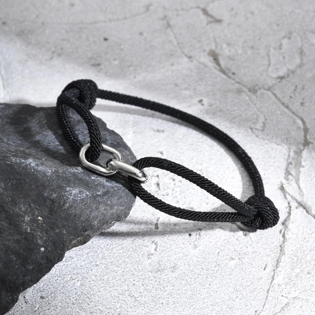 Black Milan Rope Bracelet for Men,Stainless Steel Double Ring Adjustable Bracelet,Trendy Jewelry Gift