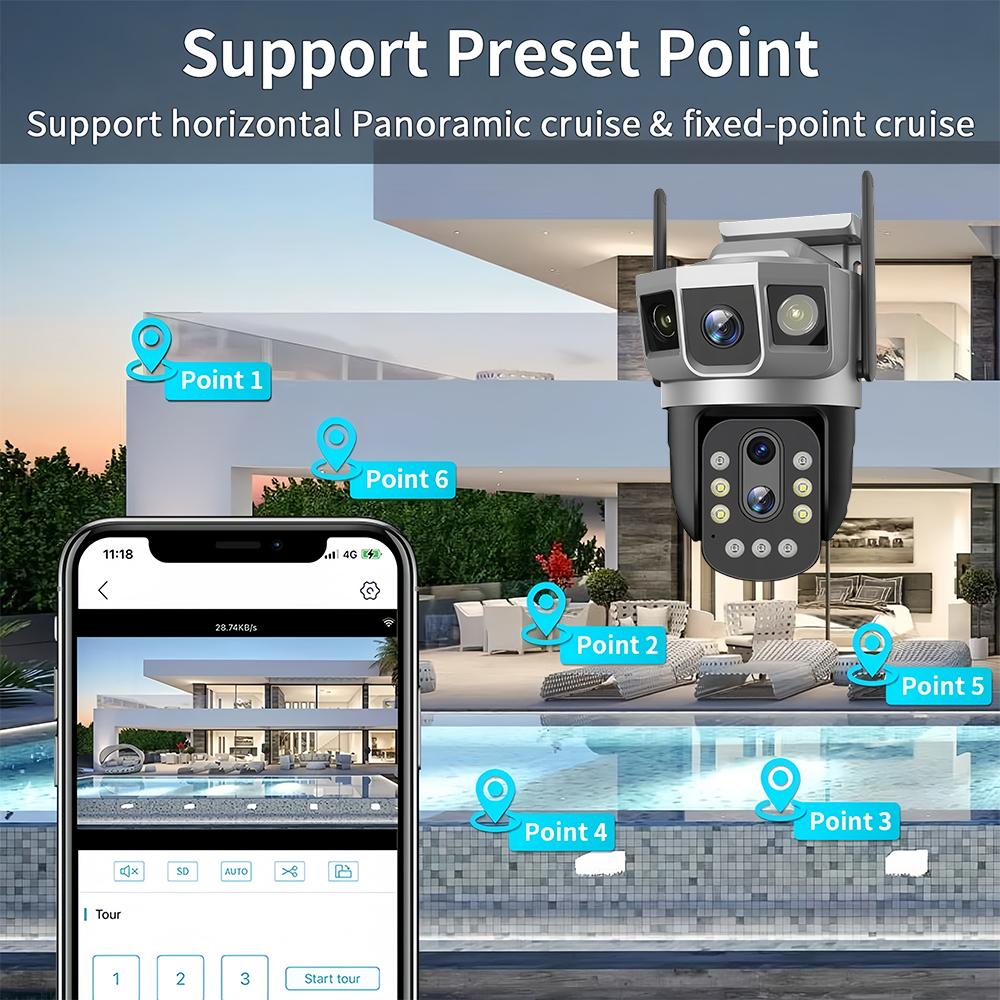 4G SIM Card 6K12MP 10x Zoom HD Surveillance Triple Screen Camera Smart Security Protection PTZ IP Motion Detection CCTV