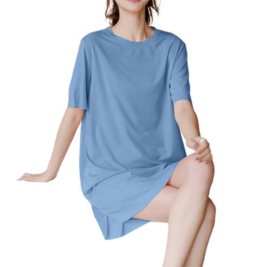 Lady Summer Dress Round Neck Loose Solid Color Short Sleeves Ice Silk Casual Clothes Homewear Pajamas Knee Length Nightdress