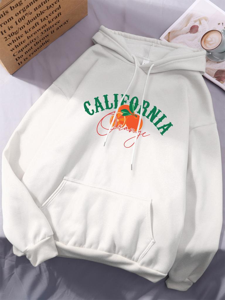 California Orange Printing Hoodies Women Winter Fleece Warm Sweatshirts Casual Pocket Pullovers Street Loose Womans Streetwears