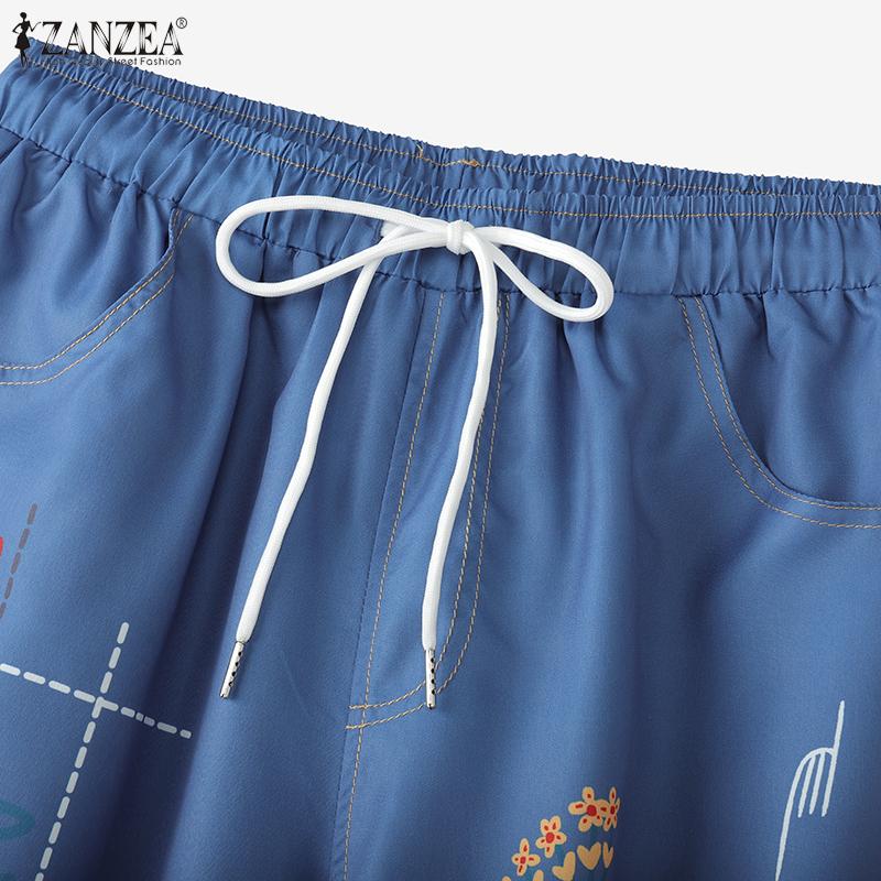 ZANZEA Women Casual Elastic Waist Drawstring Summer Print Short Pants