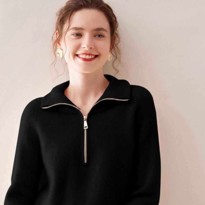 2026 Autumn/Winter Women's 100% Wool Zipper Pullover Sweater - Thick, Loose, and Cozy Base Layer