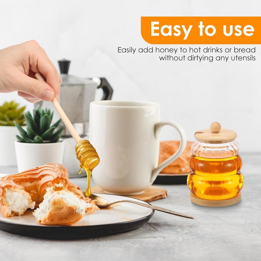 2pcs 15oz Glass Honey Jar with Dipper, Honey Pot with Dipper and Lid Jam Container Set,Wood Base and Lid Syrup Dispenser for Chocolate Syrup