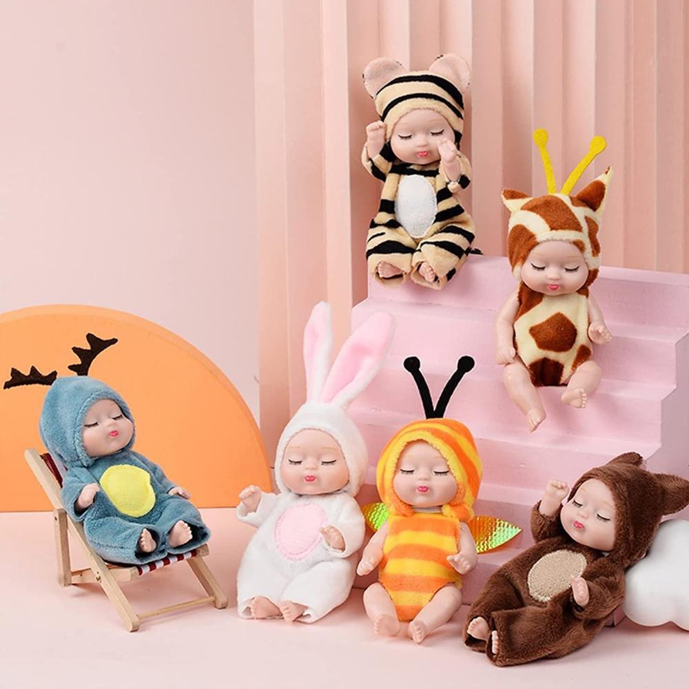 Mini Rebirth Doll 4.3 Inch Cute Animal Doll Deer/Bee/Bear/Giraffe/Tiger/Rabbit Washable PVC Material Forced Clothes and Hat Toys