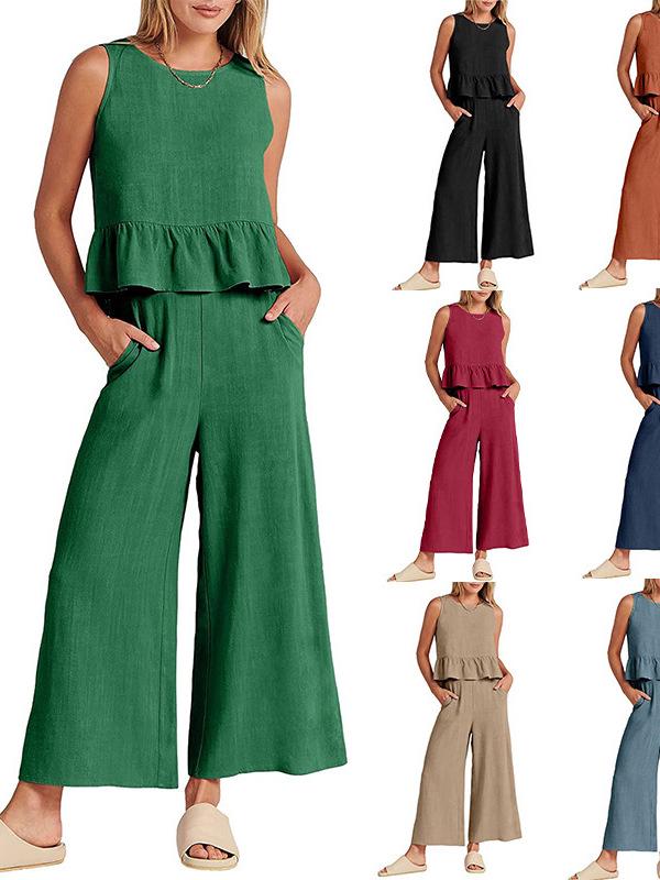 2025 Summer Women's Sleeveless Ruched Vest & Wide-Leg Cropped Pants Set