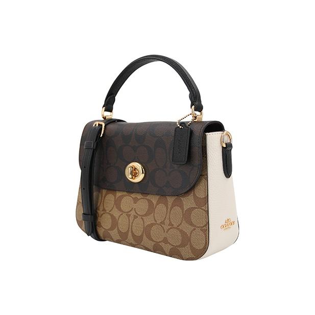 Coach Marlie 24 Color Block Turn-Lock Signature Canvas And Leather Small Cambridge Satchel Bag Women Handbags Black Dark-Brown C1563-IMNOX