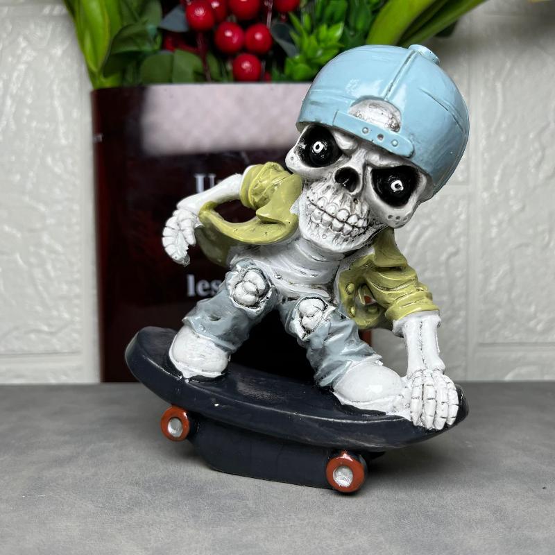 2025 Halloween Skateboard Skeleton Figurine Scary Resins Skull Statue Ornament Home Decors for Desktop Book Shelf