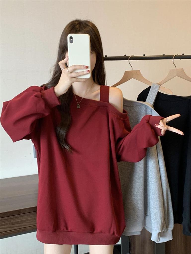 2025 Spring/Autumn Women's Off-the-Shoulder Solid Color Slimming Sweatshirt