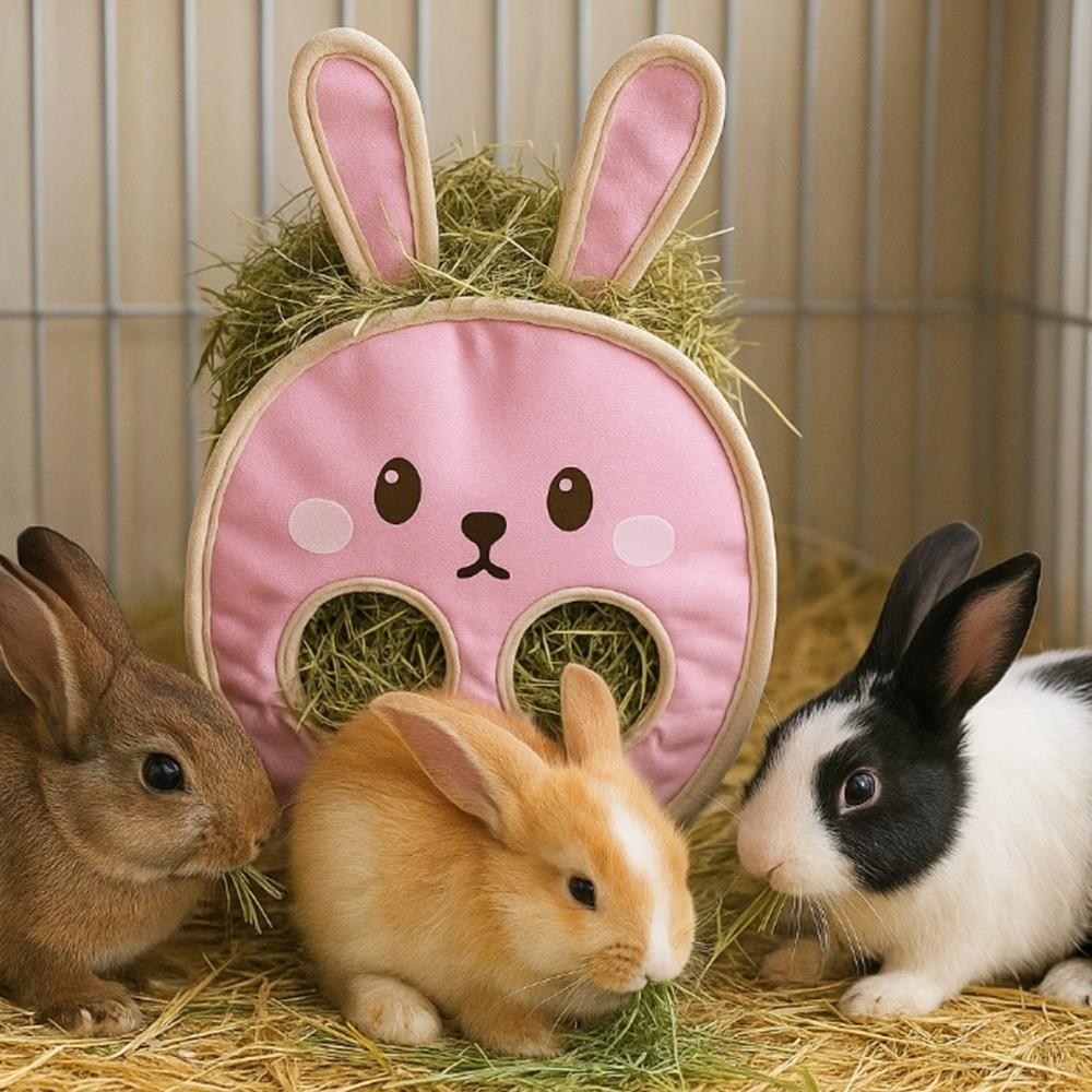 Practical Suspended Type Rabbit Hay Bag Bunny Shaped Cartoon Hamster Feeding Bag Chew-Proof Hay Hanging Pouch Small Pets