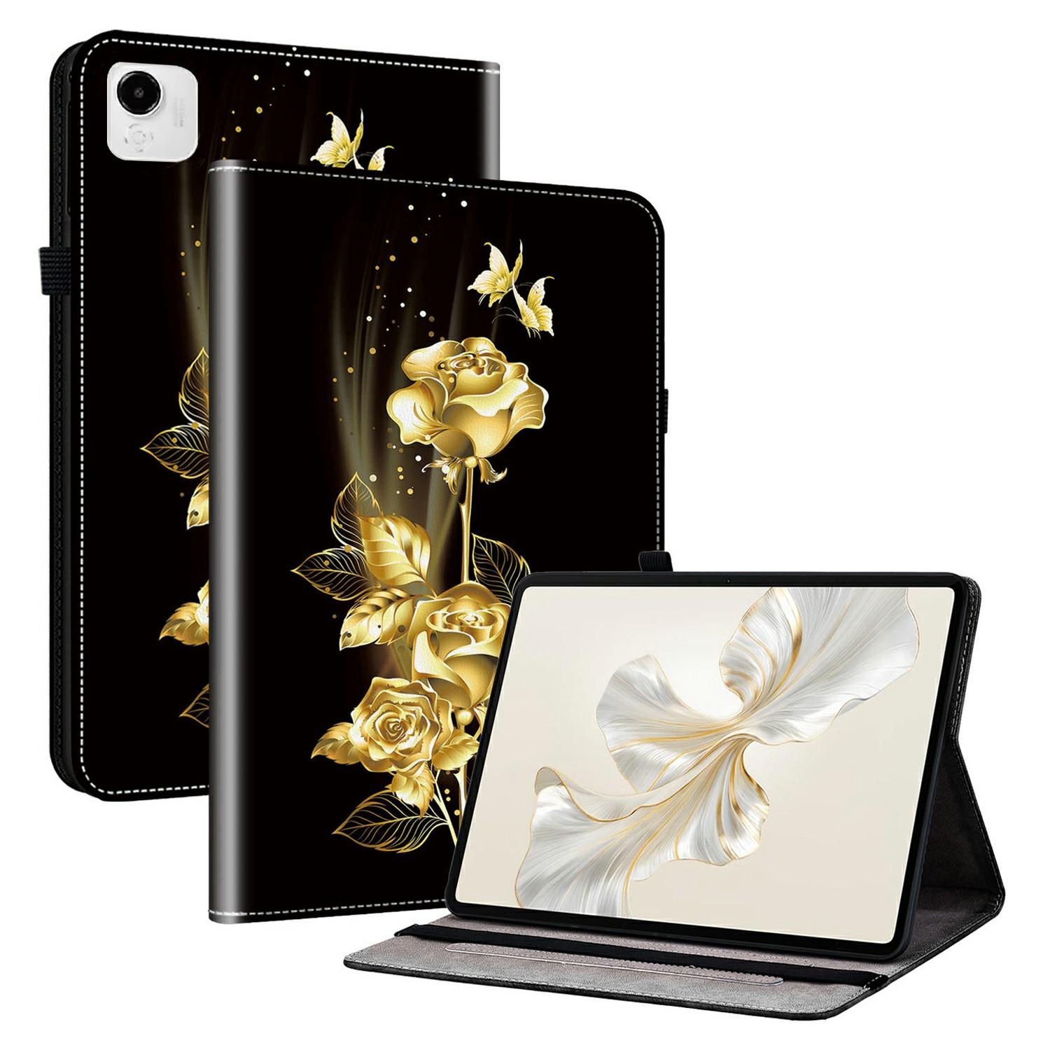 

For Honor Pad X9a Leather Case Pattern Printed Stand Tablet Cover with Card Slots Gold Butterfly Rose