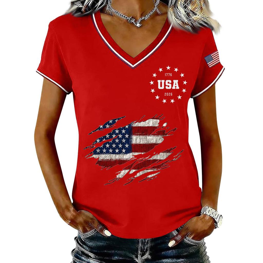 Womens V Neck Short Sleeve Pullover T Shirt with USA Independence Day Print Casual Loose Fit Top for Summer Daily Wear