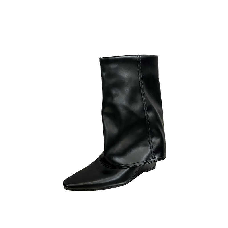Flax cotton pleated niche design square head personalized short boots new canvas medium tube slope heel Martin boots temperament