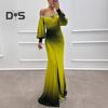 Abendkleid für Damen, schulterfrei, ausgehöhlt, Strass, Hochzeitskleid, schmales, plissiertes Maxikleid für den Abschlussball, lange Laternenärmel, geschlitzter Saum, Kontrastfarbe, Ballkleid