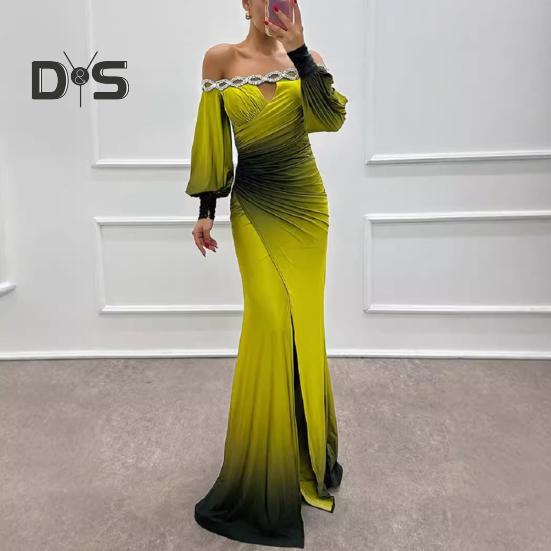 Abendkleid für Damen, schulterfrei, ausgehöhlt, Strass, Hochzeitskleid, schmales, plissiertes Maxikleid für den Abschlussball, lange Laternenärmel, geschlitzter Saum, Kontrastfarbe, Ballkleid
