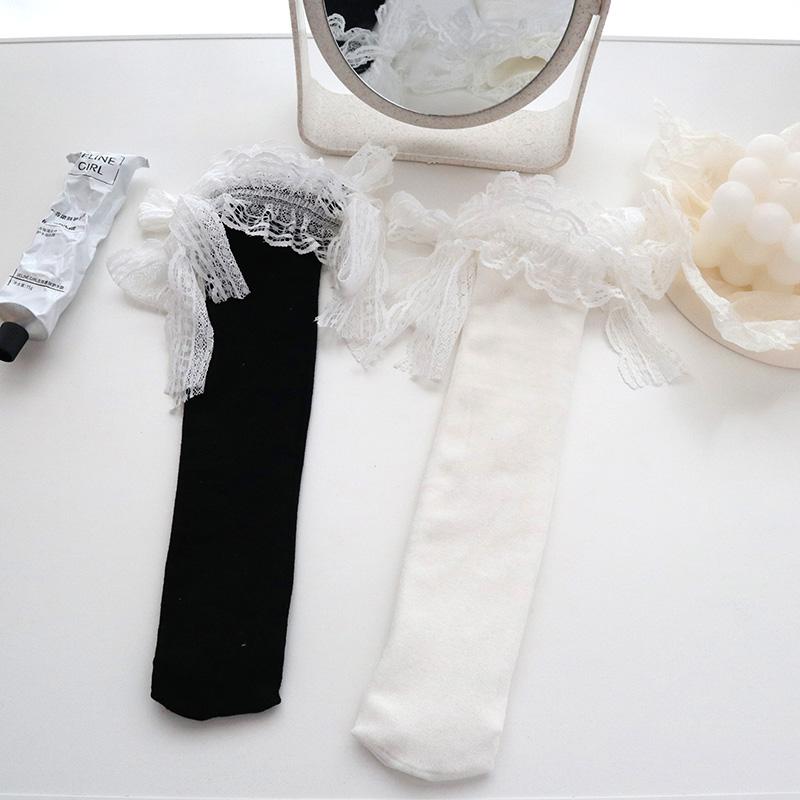 Woman Socks Solid Black White Lolita Lacework Ruffle Socks Lolita Bow Middle Tube Socks Soft Girl Korean Style Casual Kawai Sox