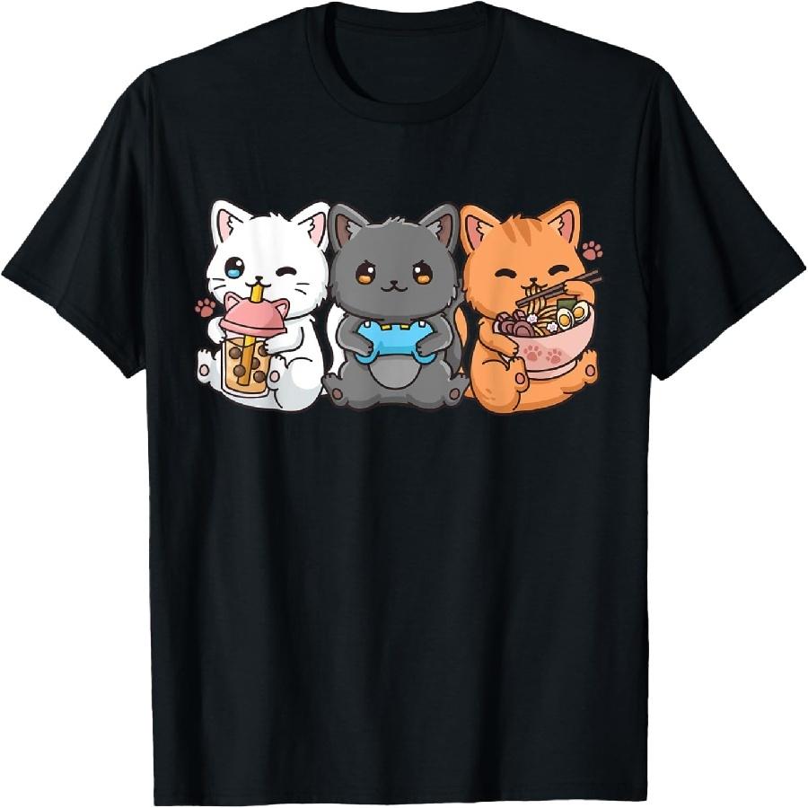 Anime Boba Tea Bubble Tea Gaming Gamer Ramen Cat T-Shirt
