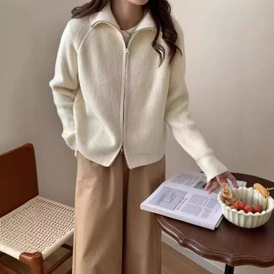 Weiche wachshaltige Doppelreißverschluss-Pulloverjacke Damen Herbst und Winter neu einfarbig Lazy-Wind Strickpullover Strickjacke Damen