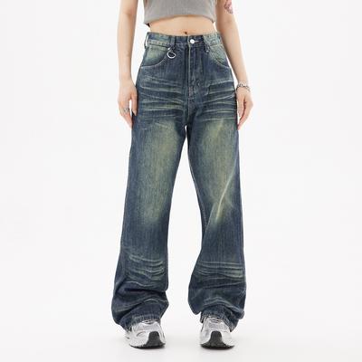 High Street American Style Jeans For Men, Autumn Straight Leg Jeans For Women, Washed And Worn Trendy Brand Jeans