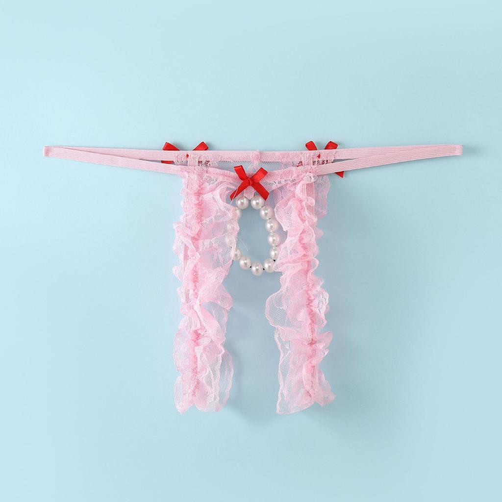 Men's Hot Bow Lace Thong Charm Bead Ring Panties Perspective Hollow Crotch Low Waist Fun Strap