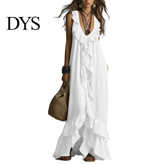 Pleated Dress Women Bohemian Long Summer Ruffle Deep V Neck Sleeveless Swing Solid Color Loose Casual Beach Vacation Maxi