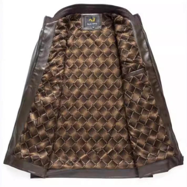 Men's Leather Jacket Casual Autumn and Winter Stand-up Collar Simple and Fashionable Plush Leather Jacket Handsome and Advanced Style