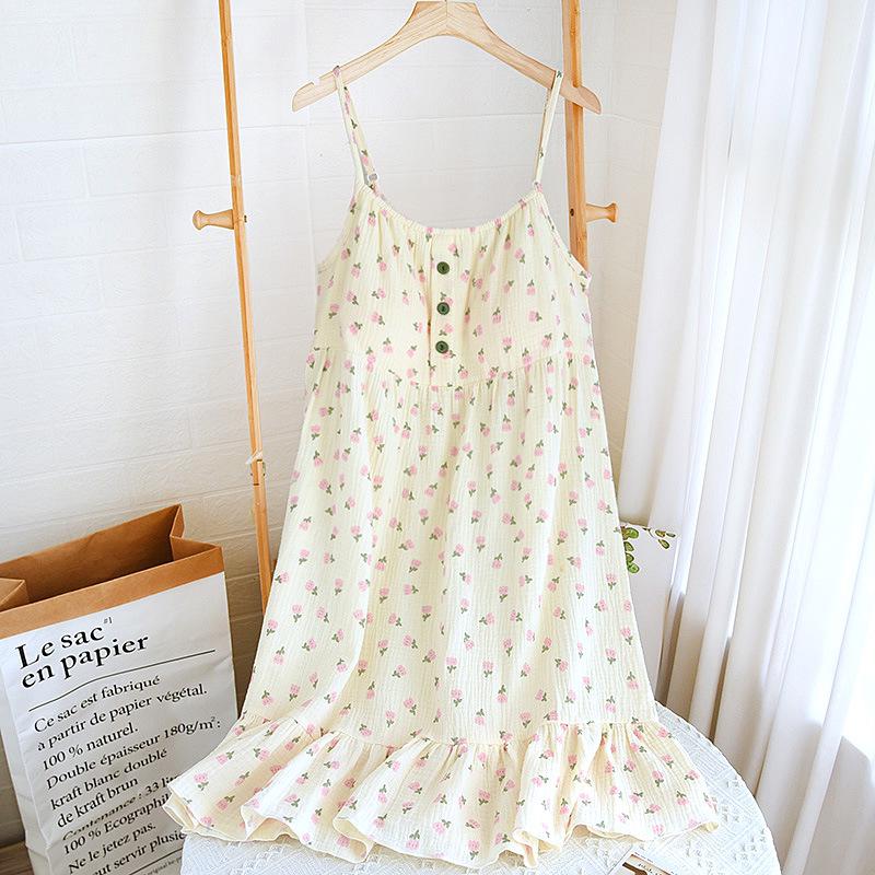 Girl's Floral Bubble Double-Layer Crinkle Cotton Nightgown with Built-In Bra Pads