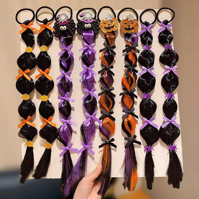 2 Pcs Halloween Fashion Lantern Braid Wig Hair Ties For Girls With Pumpkin And Spider Elements Fun Hair Accessories