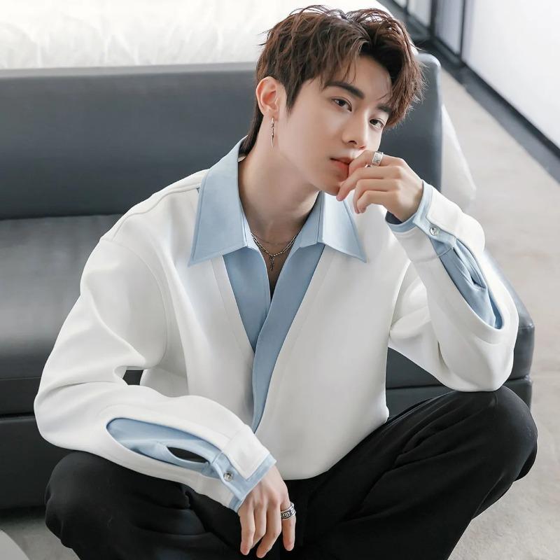 

Spring Autumn Personalized New Men s Long-sleeved Shirts 2025 Spliced Fashion Brand High-end Tops S білий