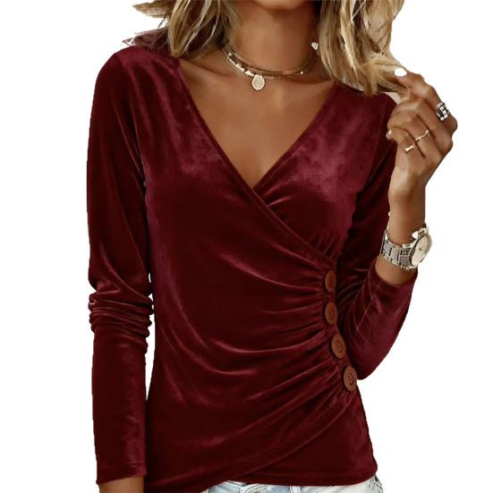 

Жіночі топи приталеного крою з V-подібним вирізом, довгим рукавом, м які, еластичні, пуловери, однотонні, з бічними складками, декором з ґудзиків, повсякденна блуза 2XL темно-червоний колір