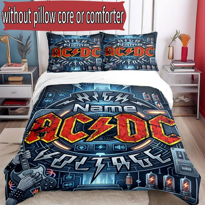 3pcs Duvet Cover Set (1*Duvet Cover + 2*Pillowcase, Without Core), Custom Name ACDC BAND Pattern Bedding Set, Home Bedroom Decor Gift