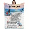 Flannel Blanket for Son - Heartfelt Message Throw, Beach Design, Cozy All-Season Gift from Mom, Soft & Durable, Home Decor
