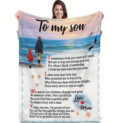 Flaneldecke für Sohn - Herzliche Botschaft Überwurf, Stranddesign, Gemütliches Ganzjahresgeschenk von Mama, Weich & Langlebig, Heimdekoration