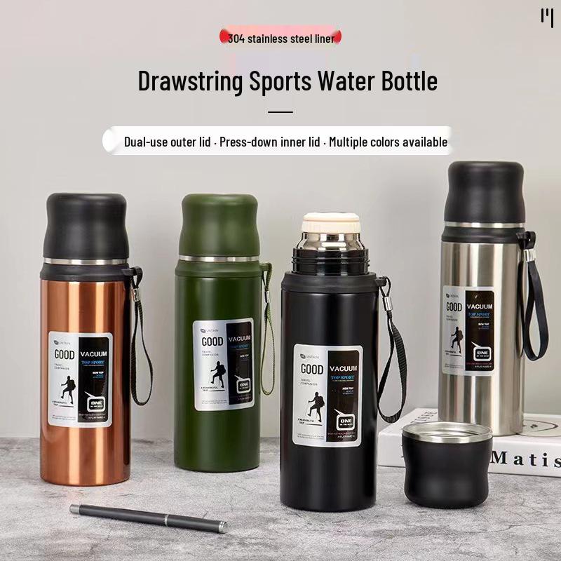Bouteille d'eau de sport isotherme en acier inoxydable 304 de grande capacité avec cordon - Tasse cadeau portable pour l'extérieur