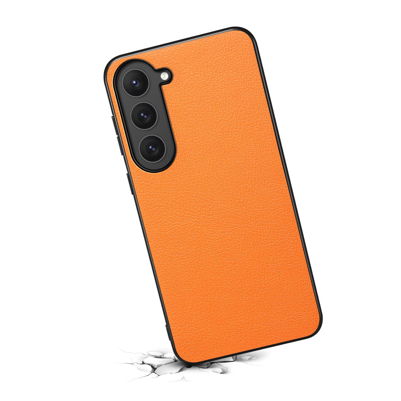 

For Samsung Galaxy S23 Case Scratch-proof PU+TPU+PC Calf Texture Protective Cover Orange