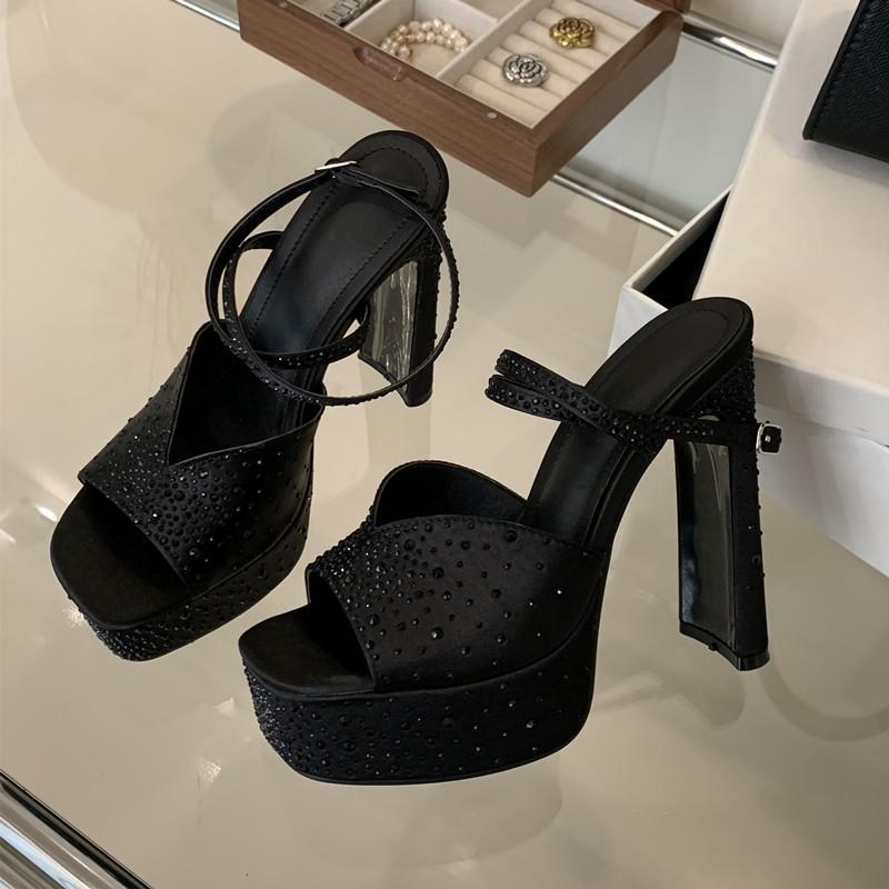 Fashion Fashion Rhinestones Satin Platform Wedges Women Gladiator Sandals Sexy Ankle Strap High heels Summer Party Prom Chunky Shoes