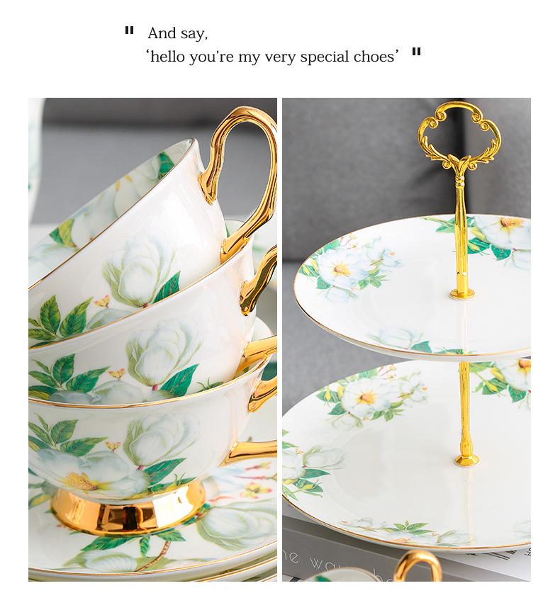 Camellia Gold-Trim Bone China Coffee Set: Cup, Saucer, Spoon, Pot, Milk Jug, Sugar Bowl, Pastry Skewer, Plate - Light Luxury.