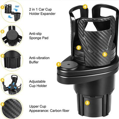 2 In 1 Car Water Cup Holder Expander 360 Degree Adjustable Base Coffee Drink Holder Anti-Shake Stable Double Water Cup Holder