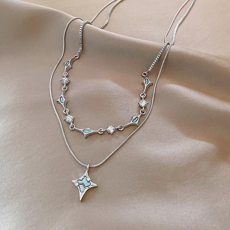 Double-layer blue tetragonal zircon necklace women's summer niche design accessories fashion temperament collarbone chain