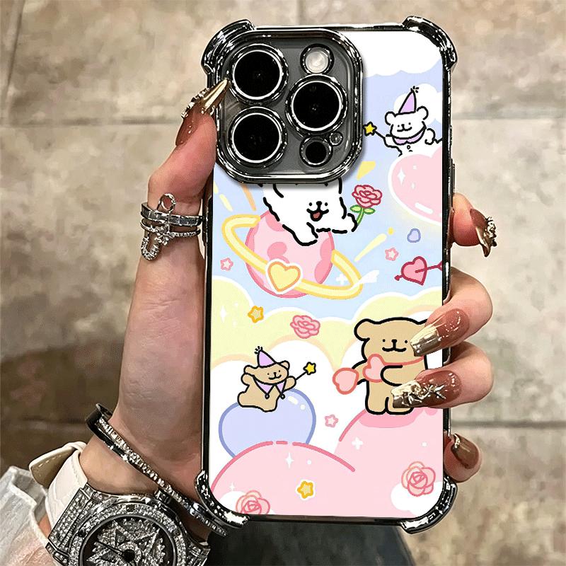 Kawaii Line Puppy Cute Soft Phone Case For iPhone 15 16 17 Air 14 Pro Max 16E Plus 13 12 Mini Plating Anti-Fall Fundas