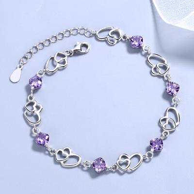 925 Sterling Silver Bracelet Doppel Herz Amethyst Bracelet for Women Jewelly Ornament