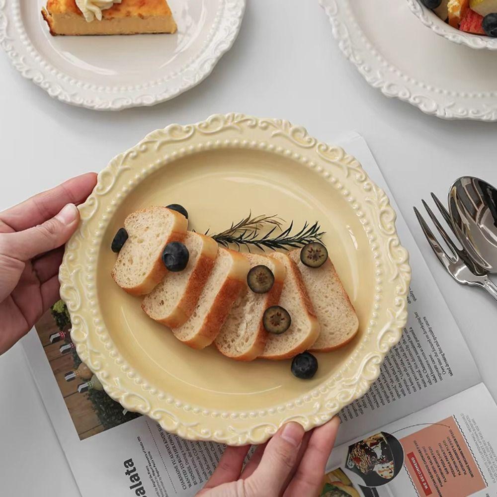 Embossed Design Ceramic Dessert Plate White/Yellow Color Western Dining Tableware  Kitchen Use